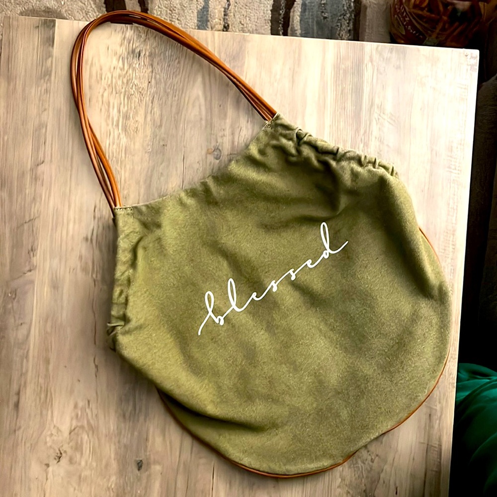 MW OLIVE GREEN PURSE WITH BLESSED GRAPHIC & LEATHER TRIM